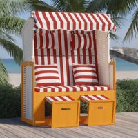 Strandstoel met kussens poly rattan en hout rood en wit - thumbnail