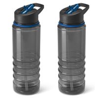 2x Stuks kunststof waterfles/drinkfles transparant zwart/blauw met rietje 650 ml - thumbnail