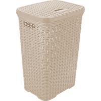 Wasmand met deksel Rotan - beige - gevlochten kunststof - 60 liter - 34 x 43 x 62 cm