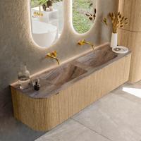Badmeubel Mondiaz Kurve-Dlux | 170 cm | Meubelkleur Oak | Wastafelkleur Oza | Solid surface | Wasbak beide zijden spoelbak | Zonder kraangat(en)