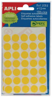 Apli ronde etiketten in etui diameter 13 mm, geel, 175 stuks, 35 per blad (2055)