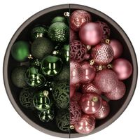 74x stuks kunststof kerstballen mix van velvet roze en donkergroen 6 cm - thumbnail