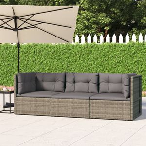 3-delige Loungeset met kussens poly rattan grijs