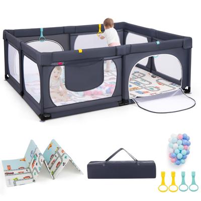 Babybox 189 x 158 cm Box met 50 Speelballen 4 Trekringen en 4 Ritsdeur Kruipruimte met Ademend Net voor Peuters ( met Matras Donkergrijs)