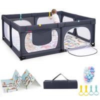 Babybox 189 x 158 cm Box met 50 Speelballen 4 Trekringen en 4 Ritsdeur Kruipruimte met Ademend Net voor Peuters ( met Matras Donkergrijs)