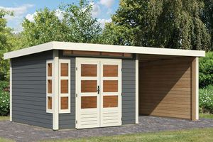 Karibu | Tuinhuis Kastorf 6 met Overkapping 2,6, Zij- en Achterwand 28 mm | Terragrijs