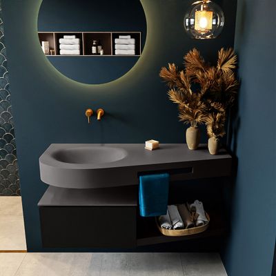 MONDIAZ RIVA 120cm badmeubel onderkast / planchet kleur Urban met 1 lade. Wastafel DULCET links 0 kraangaten kleur Dark_Grey. MONDIAZ RIVA 120cm badmeubel onderkast / planchet kleur Urban met 1 lade. Wastafel DULCET links 0 kraangaten kleur Dark_Grey.