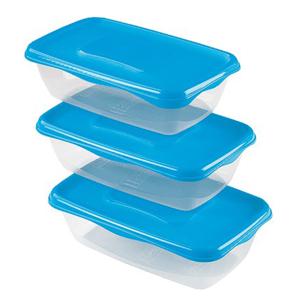 Vershoudbakjes Hega - set van 3x stuks - 0.9 liter - transparant/blauw - L20 x B12 x H8 cm