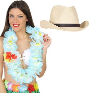 Carnaval verkleedset - Tropical Hawaii party - stro cowboy hoed - en volle bloemenslinger lichtblauw