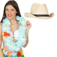 Carnaval verkleedset - Tropical Hawaii party - stro cowboy hoed - en volle bloemenslinger lichtblauw - thumbnail