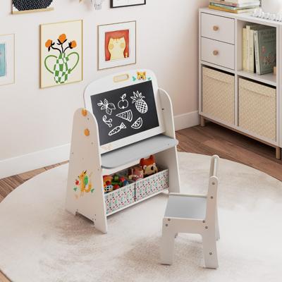 Kinderstaander met Stoel Kindertafel met Boekenrek & Magnetisch Krijtbord & Whiteboard Grijs