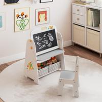 Kinderstaander met Stoel Kindertafel met Boekenrek & Magnetisch Krijtbord & Whiteboard Grijs