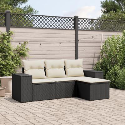 4-delige Loungeset met kussens poly rattan zwart