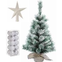 Kunst kerstboom met sneeuw 35 cm in jute zak inclusief witte versiering 21-delig - Kunstkerstboom - thumbnail