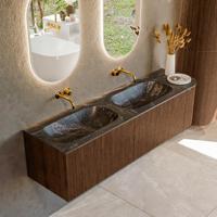 Badmeubel Mondiaz Kurve-Dlux | 165 cm | Meubelkleur Walnut | Wastafelkleur Lava | Solid surface | Dubbele spoelbak | Zonder kraangat(en)