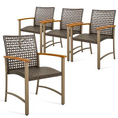 Set van 4 Rotan Stoelen voor Buiten Stoelen met Acaciahouten Armleuningen Stevig Metalen Frame Ergonomische Stoelen voor Balkon Zwembad