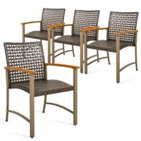 Set van 4 Rotan Stoelen voor Buiten Stoelen met Acaciahouten Armleuningen Stevig Metalen Frame Ergonomische Stoelen voor Balkon Zwembad