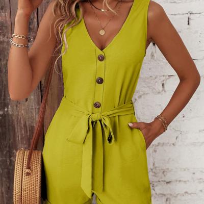 Bon&Bon Black V-Neck Tank Romper - Belted Sleeveless Casual Jumpsuit Mustard Yellow / S