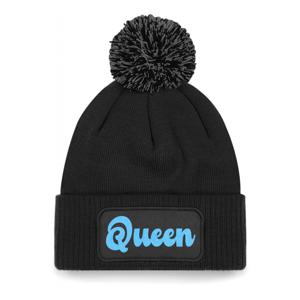 Wintersport muts met pompom - Queen - zwart - blauwe glitters - one size - volwassenen - Apres ski