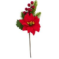 Kerststukje stekertje - tak met hulst - bessen - kerstster - groen/rood - 26 cm