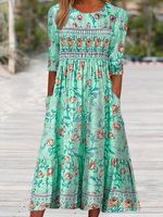 Loose Vacation Crew Neck Floral Women's Half Sleeve Scoop Neck Graphic Floral Printed Midi Dress - thumbnail