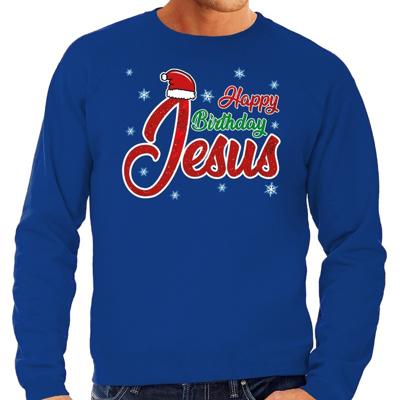 Foute Kersttrui - sweater - Happy Birthday Jesus - blauw - voor heren - kerstkleding