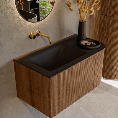 Mondiaz KURVE 85 cm Onderkast Greeploos 1 Lade Met Deuren Walnut, Wastafel Solid Surface Links Urban 0 Kraangaten Zonder Spiegel (KRVCLO85R1L1D0KL-Wal/Urb)