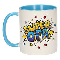 Super opa cadeau mok / beker wit en blauw met sterren 300 ml - thumbnail