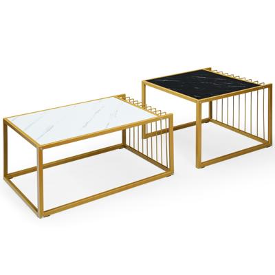 Set van 2 Moderne Nesttafel Stapelbare Zij Koffietafel Waterdicht Gemarmerde Tafelblad Vrije Combinatie Industrieel Ontwerp
