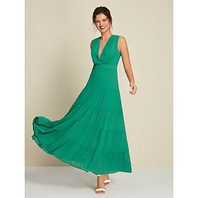 chiffon bruiloftsgast zoom ruches diepe v-hals mouwloze maxi-jurk