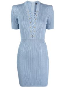 Balmain robe courte en maille à design nervuré - Bleu