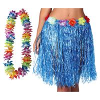 Hawaii verkleed hoela rokje en bloemenkrans met led - volwassenen - blauw - tropisch themafeest - thumbnail