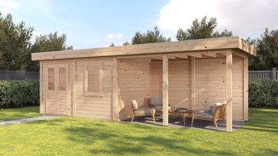 Lugarde Select Modern tuinhuis met overkapping Dronten 388x250cm + 400cm - Onbehandeld- Plat dak- - Lugarde Select