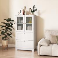 Badkamerkast met 2 Lades & 2 Glazen Deuren & Verstelbare Plank Hoge Kast Wit