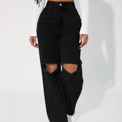 Petite High Waist Straight Leg Mom Jeans - Dark Wash Distressed Denim Black / Petite S