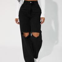 Petite High Waist Straight Leg Mom Jeans - Dark Wash Distressed Denim Black / Petite S