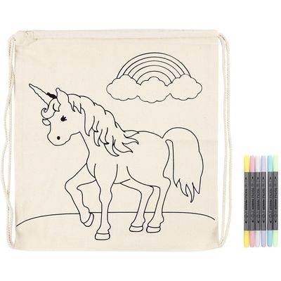Kleurset rugzakje eenhoorn met textielstiften