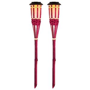 2x Roze buiten/tuin Led fakkel Bodi solar verlichting 54 cm vlam