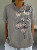 Cotton Casual Shawl Collar Floral Shirt - thumbnail