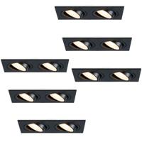 Set van 6 Mallorca LED inbouwspot - IP20 - Kantelbaar - 8 watt 690 lumen - 2700K Warm wit - Dubbel - GU10 - Dimbaar - Rechthoek - Voor binnen - Zwart