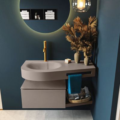 MONDIAZ RIVA 100cm badmeubel onderkast / planchet kleur Smoke met 1 lade. Wastafel DULCET links 1 kraangat kleur Smoke.
