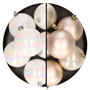 12x stuks kunststof kerstballen 8 cm mix van parelmoer wit en champagne