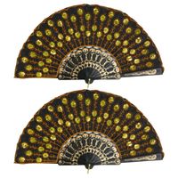 Spaanse handwaaier - 3x - zwart/goud - pailletten - kunststof/polyester - 24 x 44 cm - Verkleedattributen