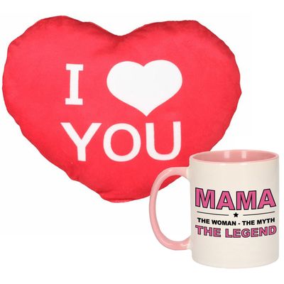 Mama the legend mok/beker 300 ml roze incl. sierkussentje hart vorm 15 cm