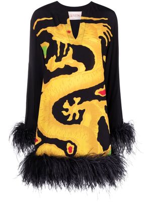 Valentino Garavani robe en soie imprimée à détails de plumes - Noir