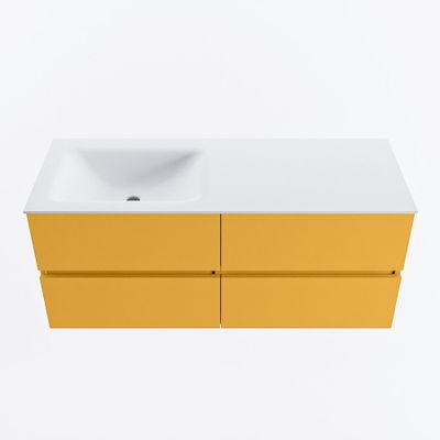 MONDIAZ VICA 120cm badmeubel onderkast Ocher 4 lades. Wastafel CLOUD links 1 kraangat, kleur Talc.