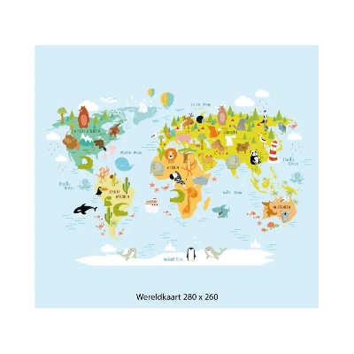 Designed4Kids wandvullend behang kinderkamer wereldkaart dieren-280 x 260 cm
