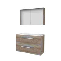 Basic-Line Comfort 39 Badkamermeubelset - Ondiep - 100 x 39 cm - Met Grepen - 2 Lades - Acryl Wastafel - Zonder Kraangat - Spiegelkast - Scotch Oak