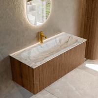 Badmeubel Mondiaz Kurve-Dlux | 110 cm | Meubelkleur Walnut | Wastafelkleur Glace | Solid surface | Midden spoelbak | 1 kraangat
