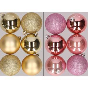 12x stuks kunststof kerstballen mix van goud en roze 8 cm - Kerstbal